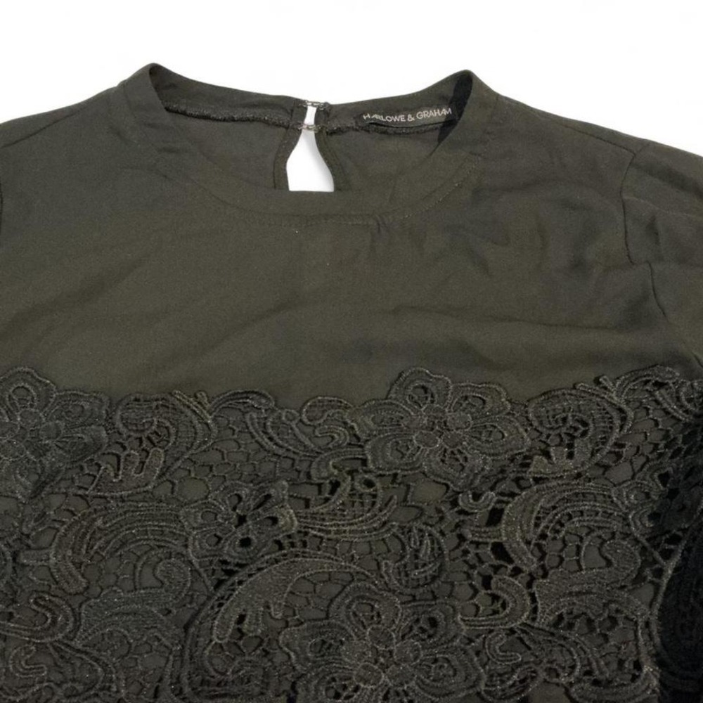 Black Lace Trim Peplum Blouse Medium Long Sleeve Keyhole - Picture 2 of 8